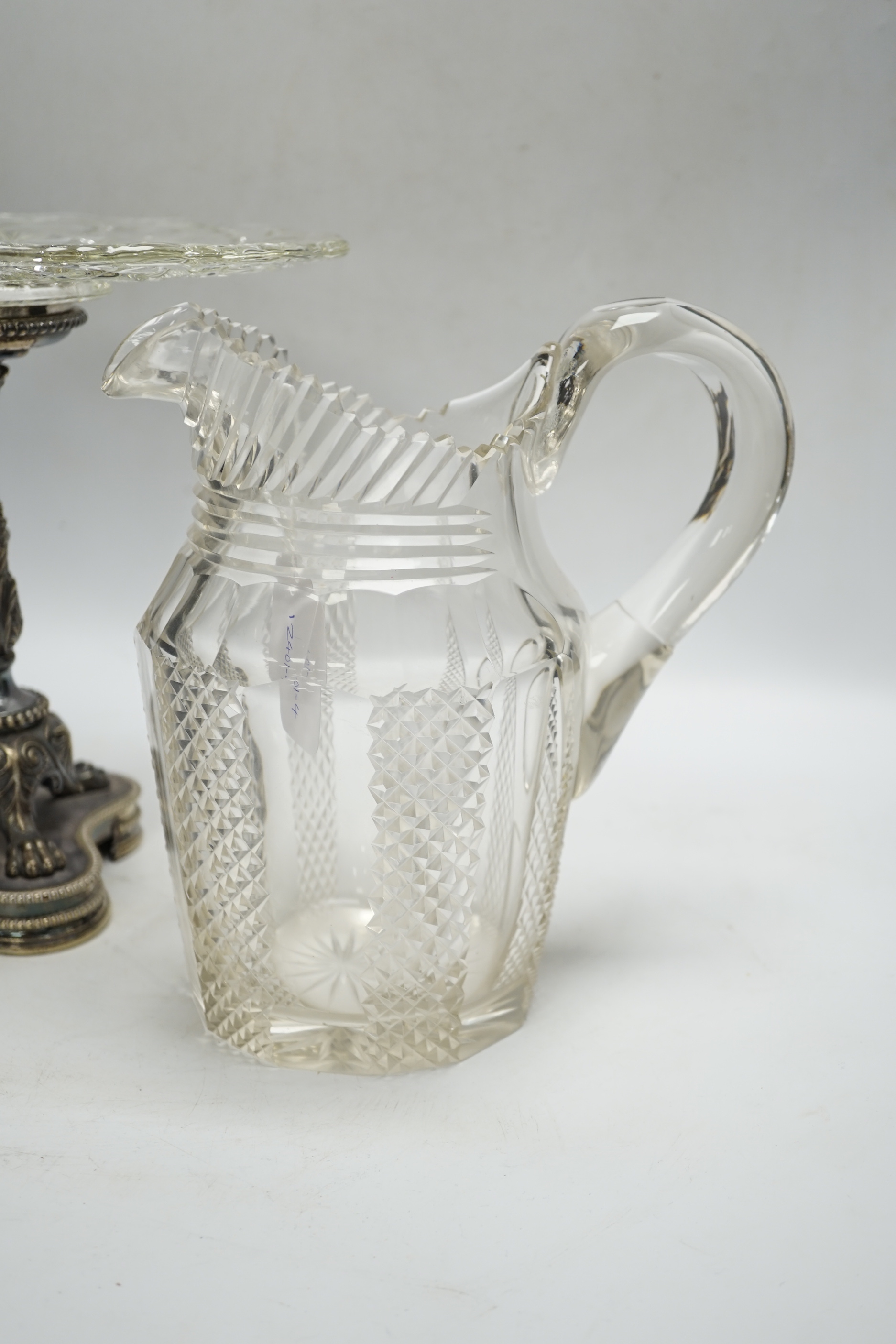 A Victorian silver plated comport and a Victorian cut glass water jug, latter 22cm